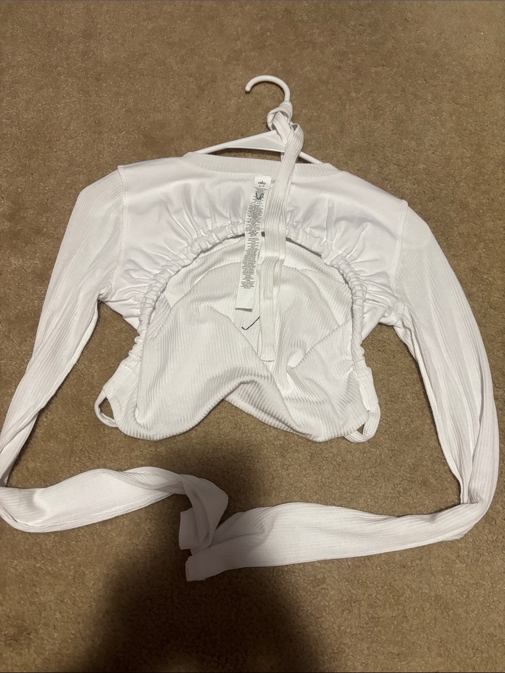 ALO Yoga White Ribbed Long-Sleeve Tie-Front Crop Top